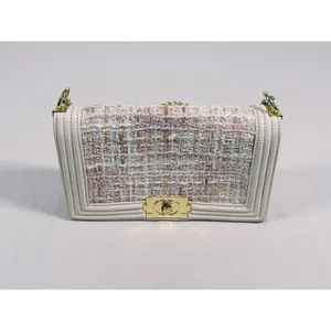 Tweed Boy Chain Shoulder Bag Purse Cream Pink Gold Preppy Old Money Coquette thumbnail 5