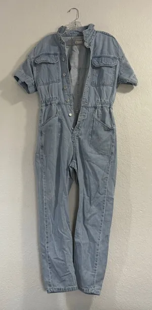 Free People Marci Denim Utility Jumpsuit Coverall Short Sleeve S Light Wash thumbnail 1