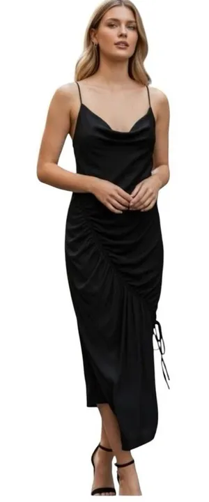 NEW Abercrombie & Fitch Satin Effect Ruched Midi Dress Women's‎ SP Black Party thumbnail 1