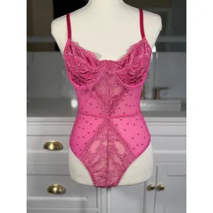 Pink Lace Teddy Bodysuit Womens Large Heart Print Sheer Mesh Underwire Lingerie thumbnail 2