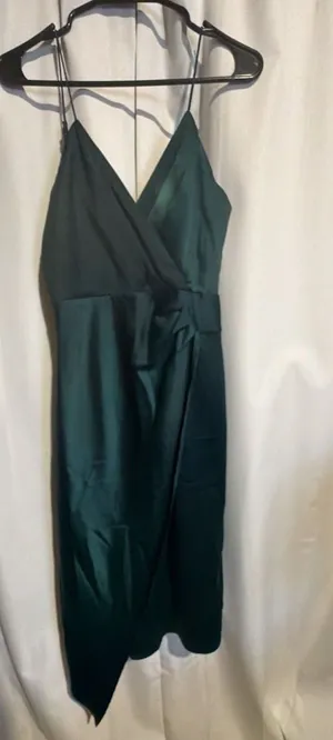 Lulus Satin Wrap Midi Dress Size XS Emerald Green Surplice thumbnail 1