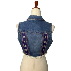 New Look Women’s Medium Denim Vest Star Ribbon Crochet Trim | Size M thumbnail 3