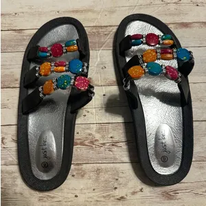 Just Be Sandals Women's Size 9 Bead Stones Multicolor Colorful Boho Slip-On NWOT thumbnail 3