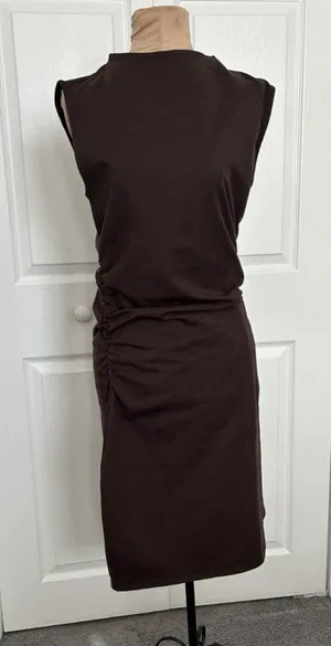 Quince Stretch Cotton Jersey Mock Neck Mini Dress Espresso Brown Sz M thumbnail 1