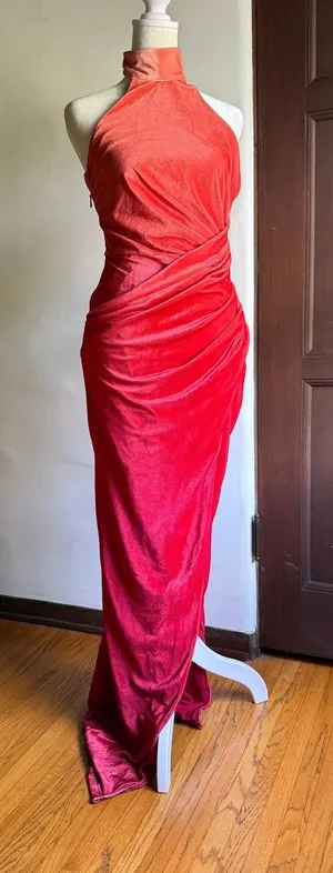 JLUXLABEL | Orange to Red Ombre Velvet High Neck Halter Draped Maxi Dress Small thumbnail 1