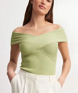 Na-Kd Womens Basic Summer Crisscross‎ Rib Knitted Off Shoulder Top Size M Green thumbnail 1