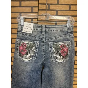 Telepatia‎ Mid Rise Wide Leg Skull Blingy Pocket Jeans SIze 5/27 thumbnail 2