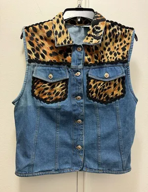Vintage 90s 80s Denim Jean Vest Animal Print Leopard Rope Detail Western Large thumbnail 1