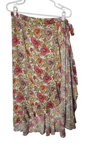 Cupcakes & Cashmere Spring Floral Viscose Boho Ruffle Midi Wrap Skirt Size Large thumbnail 1