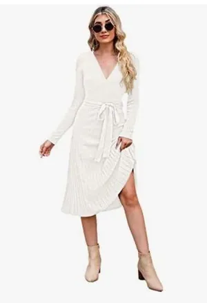 NEW Wrap Sweater Dress Long Sleeve Ribbed Knit Midi Dress NO Belt L thumbnail 4