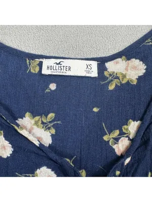 Hollister Women Navy Floral Lace-Up Long Sleeve Babydoll Blouse XS Boho thumbnail 3