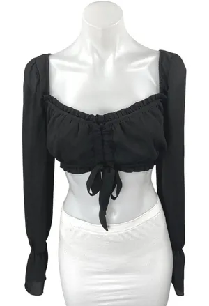 Tiger Mist Black Long Sleeve Ruffle Ruched Tie Back Blouse Crop Top Size M thumbnail 1