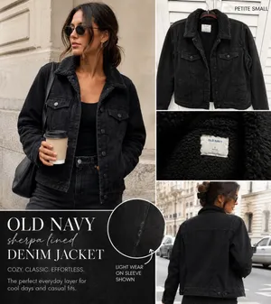 Old Navy Jacket Women’s Small Petite Black Cozy Y2K Trucker Sherpa Lined Denim thumbnail 2
