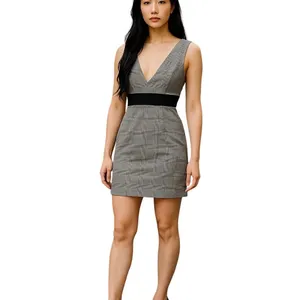 Shein X Women's Plaid Mini Dress Deep V‎ Back Zip Black Waistband XS New thumbnail 2