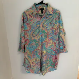 Lauren Ralph Lauren Women's Paisley Button Shirt Blouse Teal Pink Yellow Medium thumbnail 2