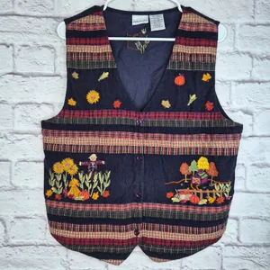 Vintage Bobbie Brooks Fall Corduroy Vest Embroidered Scarecrow Barn Patchwork L thumbnail 6