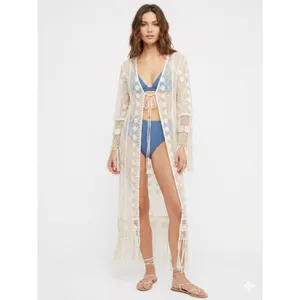 Band of Gypsies Cream Ivory Sheer Crochet Fringe Open Front Boho Duster M thumbnail 6