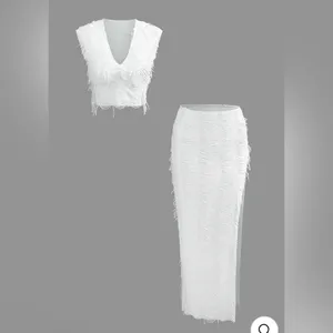 Micas Distressed V-neck Cap Sleeve Crop Top And Slit Maxi Skirt Set thumbnail 2