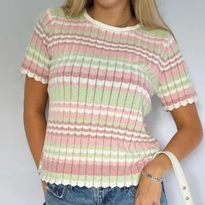 ALFRED DUNNER White Mauve Pink Green Chevron Striped Short Sleeve Sweater Top L thumbnail 1