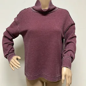True Craft Mock Turtleneck Waffle Top with Raw Edged Trim in Maroon Size M thumbnail 1