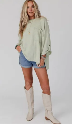 NEW Pale Green Ribbed Oversized Slouchy Roll Tab Sleeve Top Size Small thumbnail 5