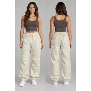 Hollister Parachute Baggy Pants Women XS Cream Adjustable Rise Cinch Hem 8479 thumbnail 2