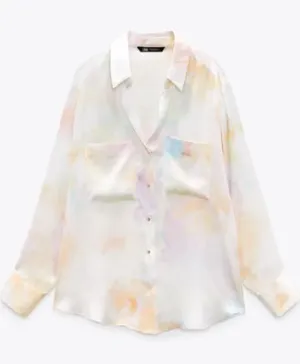 Zara Silky Pastel Watercolor-Print Button-Up Blouse Large thumbnail 1