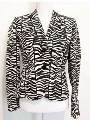 Calvin‎ Klein Blazer Size 4 Black Cream Zebra Animal Print Executive Sleek Retro thumbnail 1
