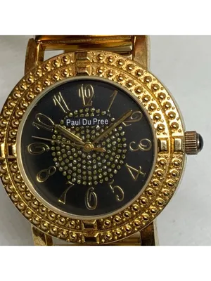 Paul Du Pree women’s gold tone watch black dial crystals 37mm quartz running thumbnail 3