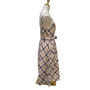 Hope & Henry Plaid Midi Dress 10 Tan‎ Organic Cotton Belted V-Neck A Line thumbnail 5