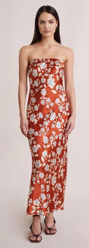 Bec + Bridge Blossom Strapless Satin Floral Cowl Back Maxi Dress Rust Red thumbnail 1