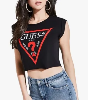Guess black cropped top with red triangle logo and white text, Women's si thumbnail 1