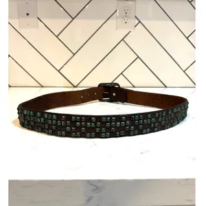 Vintage Brown leather metal turquoise patina studded belt size 34-38” western thumbnail 6