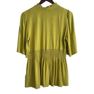 Peter Nygard Women Smocked Top M Chartreuse Flowy Short‎ Sleeve Empire Blouse thumbnail 2