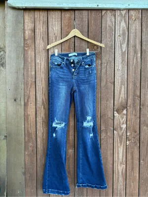 Kancan Dark Wash Distressed Button Fly Flare Jeans thumbnail 2