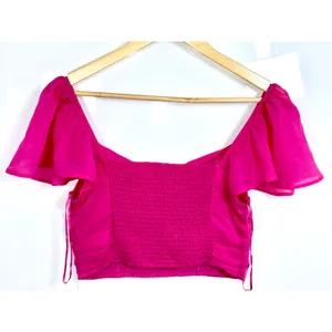 Abercrombie & Fitch Pink Smocked Off Shoulder Ruffle Sleeve Crop Top Womens Sz M thumbnail 3