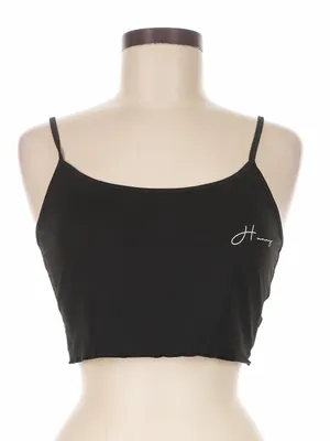 Women’s Size Large Cropped Tank Top Black White‎ Hunny Lettuce Hem Square Neck thumbnail 1