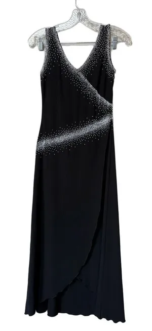 Vintage 90s Black Beaded Midi Dress Asymmetrical Formal Prom Wedding Guest M thumbnail 1