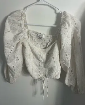 White Eyelet Embroidered Long Sleeve Top with Puff Sleeves thumbnail 1
