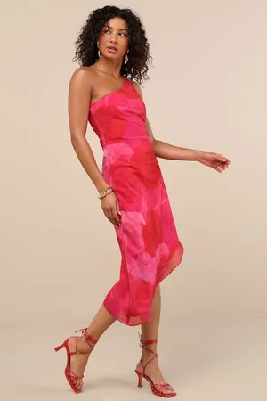 New Lulus Serene Pink Floral One-Shoulder Asymmetrical Midi Dress -Medium $69 thumbnail 2