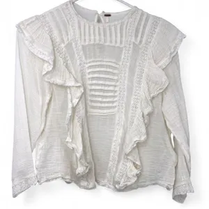 FREE PEOPLE | S| Jasmine Ruffle Blouse Top Gauzy Semi Sheer White Women's thumbnail 2