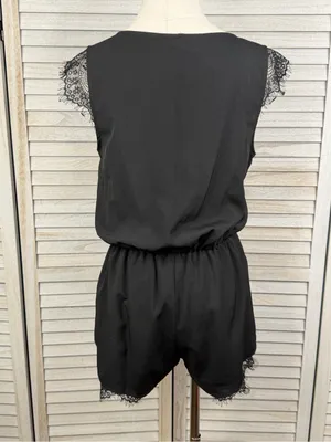 PAPER CRANE Black Lace Cap Sleeve Romper with Crossover V Neckline-Small thumbnail 3