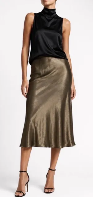 Nicole Miller Satin Olive A-Line Midi Skirt thumbnail 1