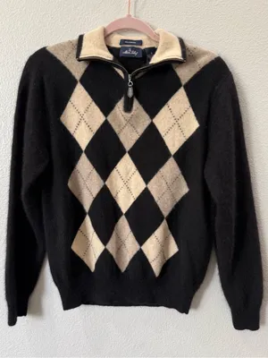 Allen Solly 100% Cashmere Argyle Quarter Zip Sweater Mens Quiet Luxury Old Money thumbnail 2