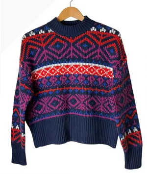 Old Navy So Soft Fair Isle Sweater Women XS Navy Blue‎ Red Mock Neck Nordic Knit thumbnail 1