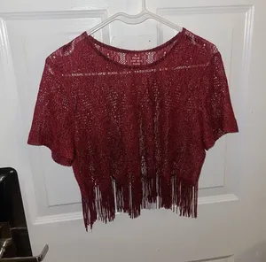 Metallic Maroon Fringe Knit Crop Top, Flapper Girl Style thumbnail 1