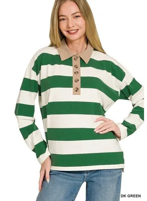 Zenana Striped Contrast Collar Polo Top - DK Green‎ - Small thumbnail 1