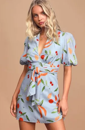 Finders Keepers Calypso Light Blue Fruit Print Puff Sleeve Mini Dress XS thumbnail 1