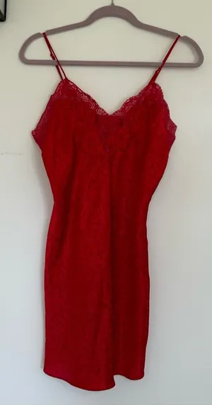 Erika Taylor Intimates Red Lace Trimmed Chemise Nightie Lingerie Size Small thumbnail 1