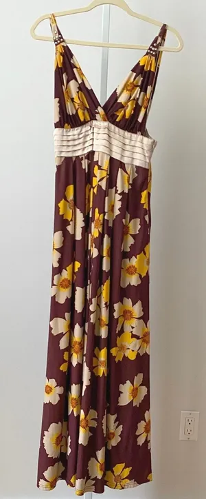 Sugar‎ Lips S Brown Floral Maxi Dress Studded Empire Waist Boho Summer thumbnail 1